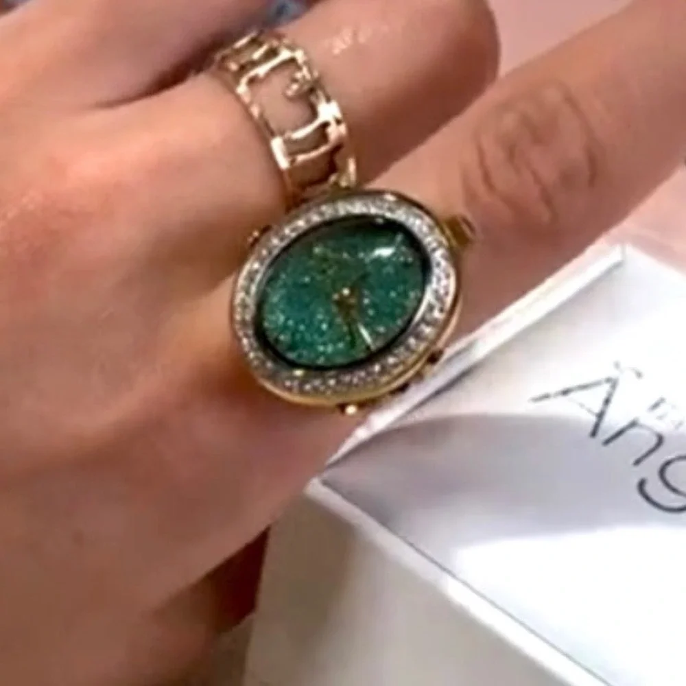 Invicta Angel 49602 Women Gold Tone Green Glitter Dial Crystal Oval Ring Watch